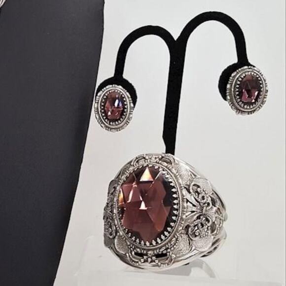 Whiting & Davis Victorian Revival Glass Filigree Statement Parure Signed Vintage - Picture 8 of 10